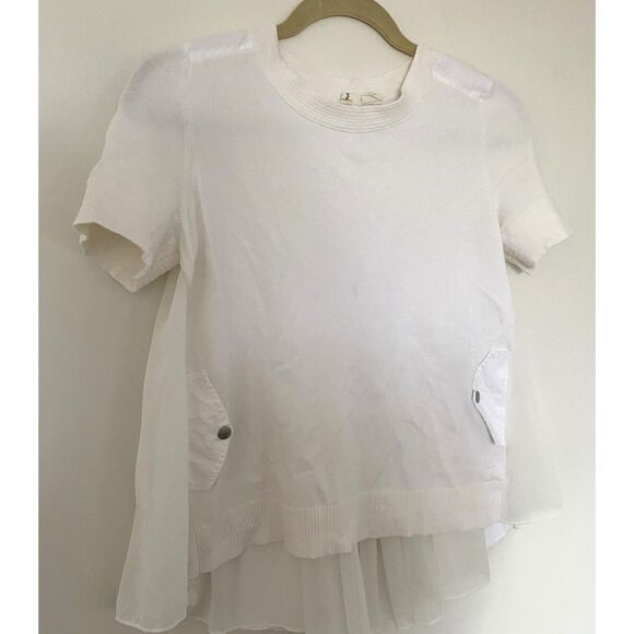 Anthropologie Moth Knit Chiffon Blend High Low Top Faux Pockets Pleated Back XS - Picture 3 of 7